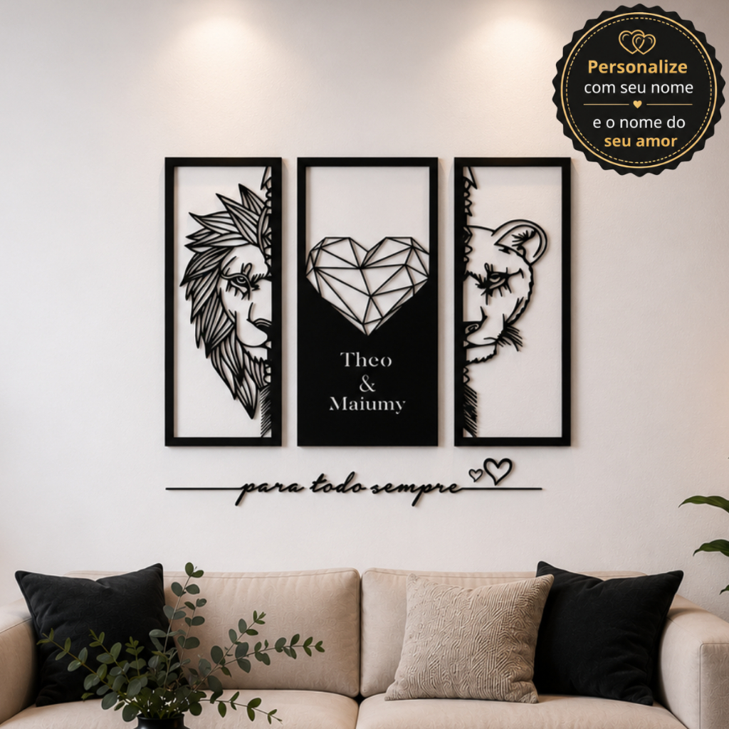 Kit Quadro Leão Grande Personalizado e Frase Para todo sempre Sala Quarto Decorativo