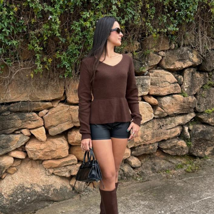 Blusa Tricot Peplum Feminina Elegante Inverno Bata Soltinha Blogueira Confortável
