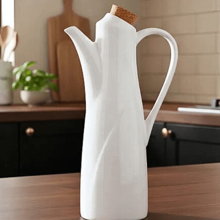 Galheteiro Azeite Vinagre Ceramica Branco 250ML Com Alça E Rolha