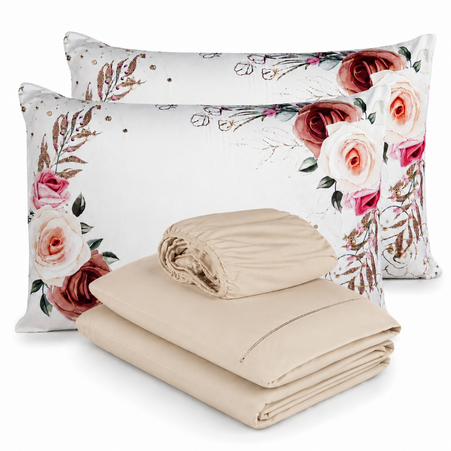 Kit Rosas Lençol com Elastico + Fronhas Lisa e Estampada Micropercal 400 Fios Toque Extra Macio