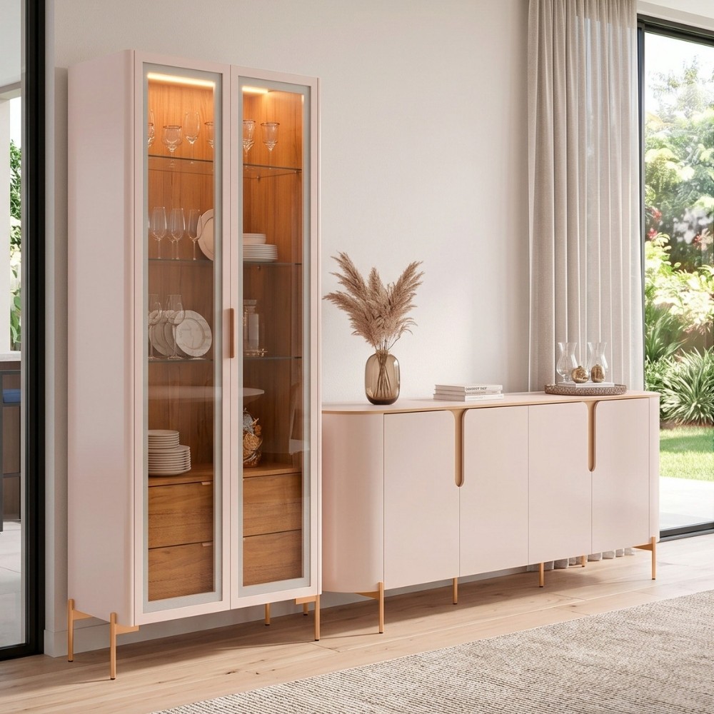 Kit Aparador Buffet Lia Com Cristaleira Tarsila Orgânico D05 Off White Freijó - Lyam Decor