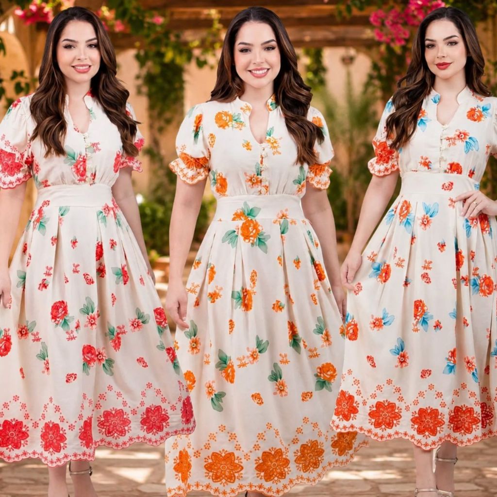 Vestido Evangélico Midi Bordado Floral Lese Manga Curta Gola Padre Elegante Modesto Feminino