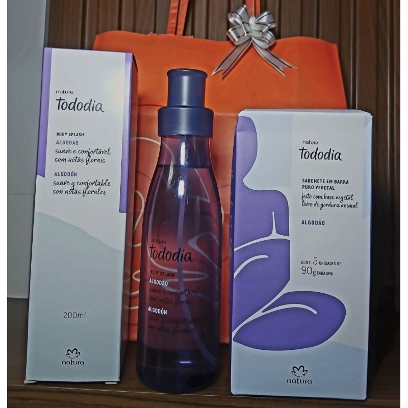 kit Combo 01 Body Splash Algodão 400ml 01 Caixa Sabonete c/05 unds Natura Tododia Vegano.