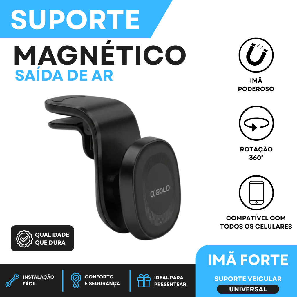 Suporte Celular Magnético Veicular Saída de Ar Universal 360° Ímã Super Forte para Carro Android iPhone