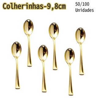 Kit 50/100 Colherinhas descartáveis de plástico dourado metálico para festas, sorvete e aperitivos