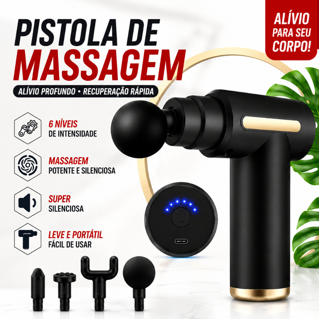 Pistola de Massagem Muscular Mini Portátil 6 Níveis Silenciosa Recarregável USB 4 Cabeças