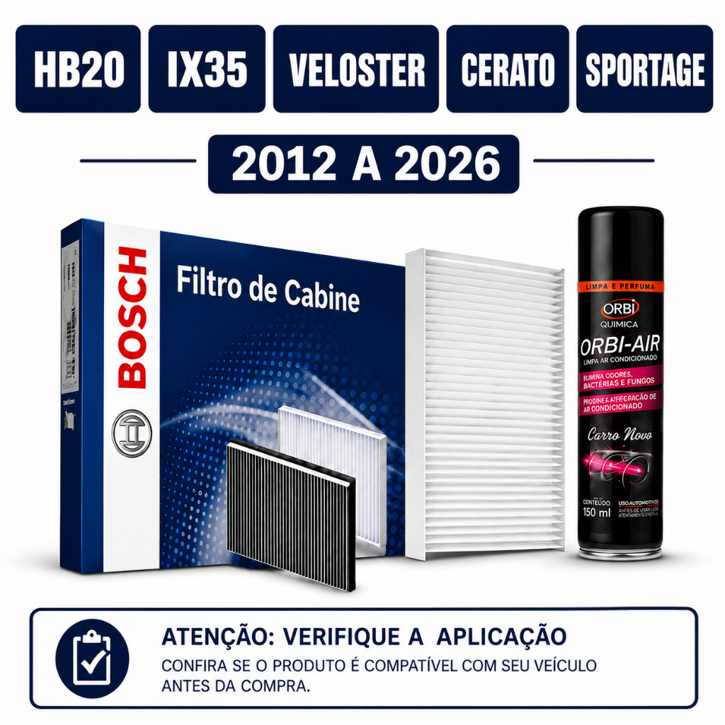 Filtro Ar Condicionado HB20 IX35 Veloster Cerato Sportage 2012 A 2026  + Higienizador