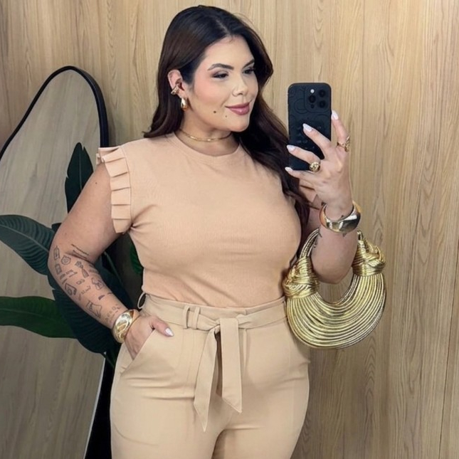 Blusa Feminina Plus Size GG Ribana Canelada Manga Babado Gola Redonda 46 ao 52 Confortável Estilosa Casual