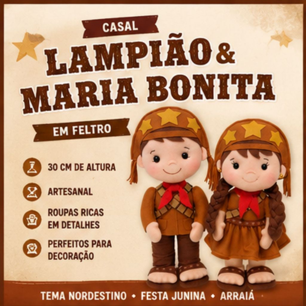 Casal Lampião e Maria Bonita em Feltro 30cm Bonecos Cangaceiros Decoração Festa Junina Tema Nordestino