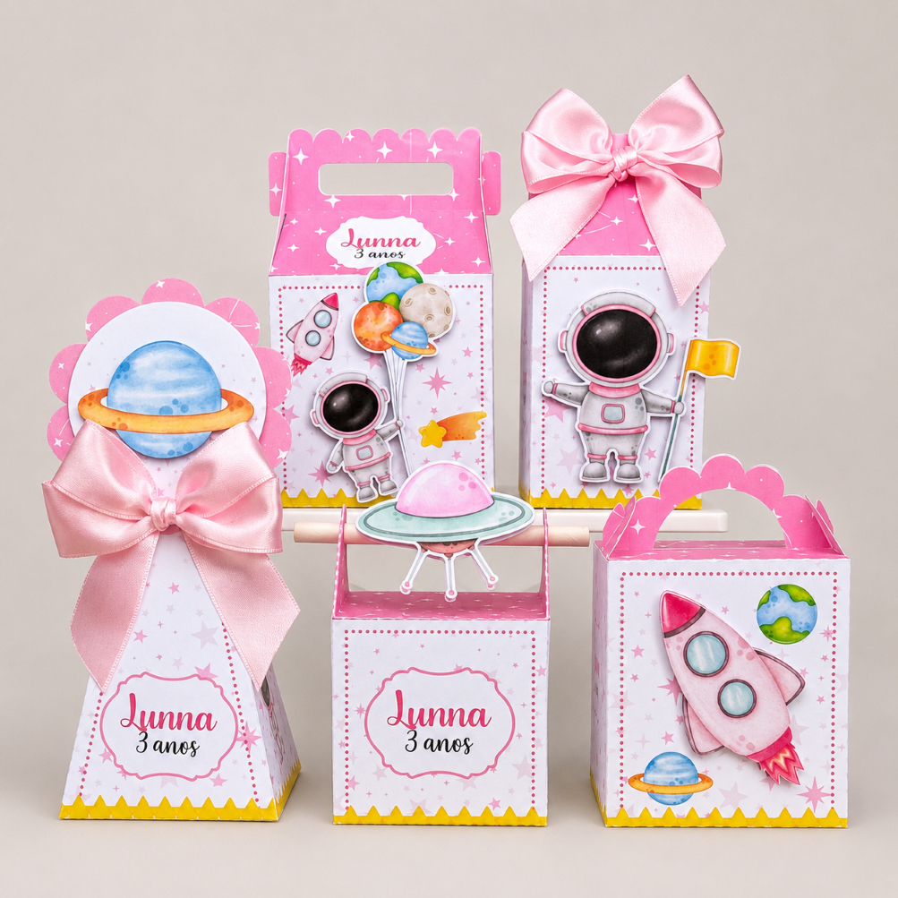 Kit Festa ASTRONAUTA MENINA 35 Peças | Lembrancinhas Festa Infantil Personalizadas | Caixas MONTADAS