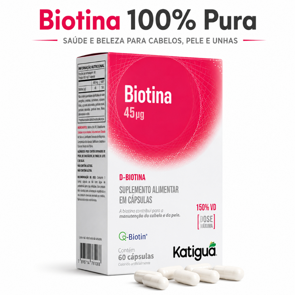 Biotina Cabelo Unhas e Pele Original 100% Pura Dose Máxima 500mg 60Cápsulas