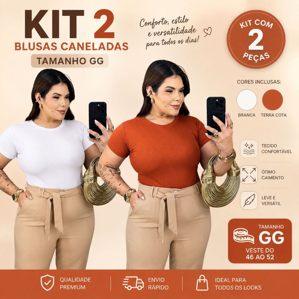 Kit 2 Blusas Femininas Plus Size GG Ribana Canelada Manga Curta 46 ao 52 Básica Confortável Casual Versátil