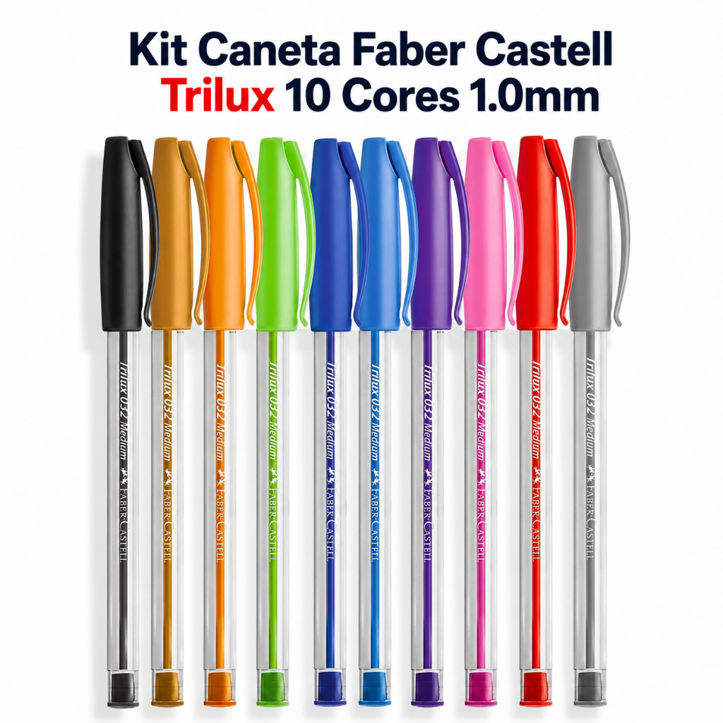 Kit Caneta Faber Castell Trilux 10 Cores 1.0mm Esferográfica Escolar Colorida