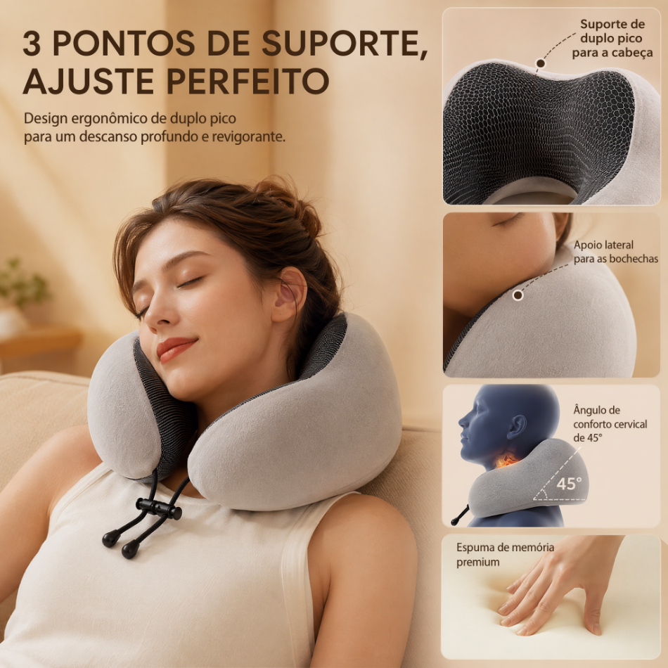 Almofada U Cervical Espuma de Memória Ergonômica Suporte 3 Pontos Para Viagem Avião Carro Descanso