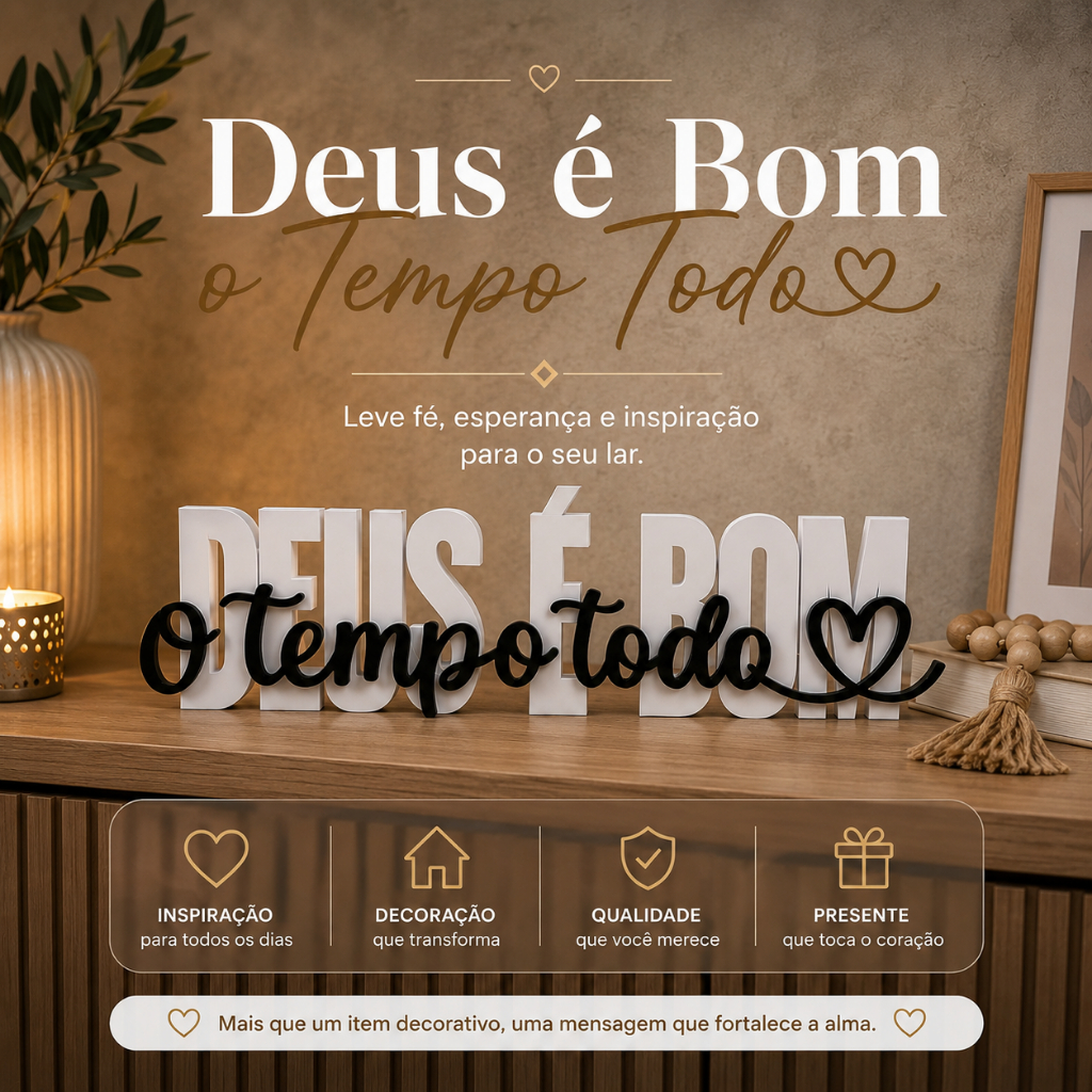 Letreiro Decorativo "Deus é Bom o Tempo Todo" Decoração Cristã Evangélica Sala Quarto Escritório