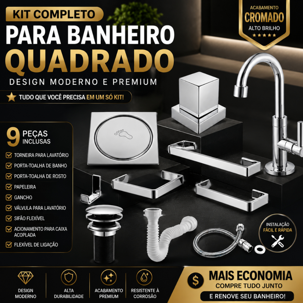 Kit Acessórios De Banheiro Cromado+Torneira Lavatorio+Ralo e Valvula Click+ Sifao+Engate+Acabamento Registro