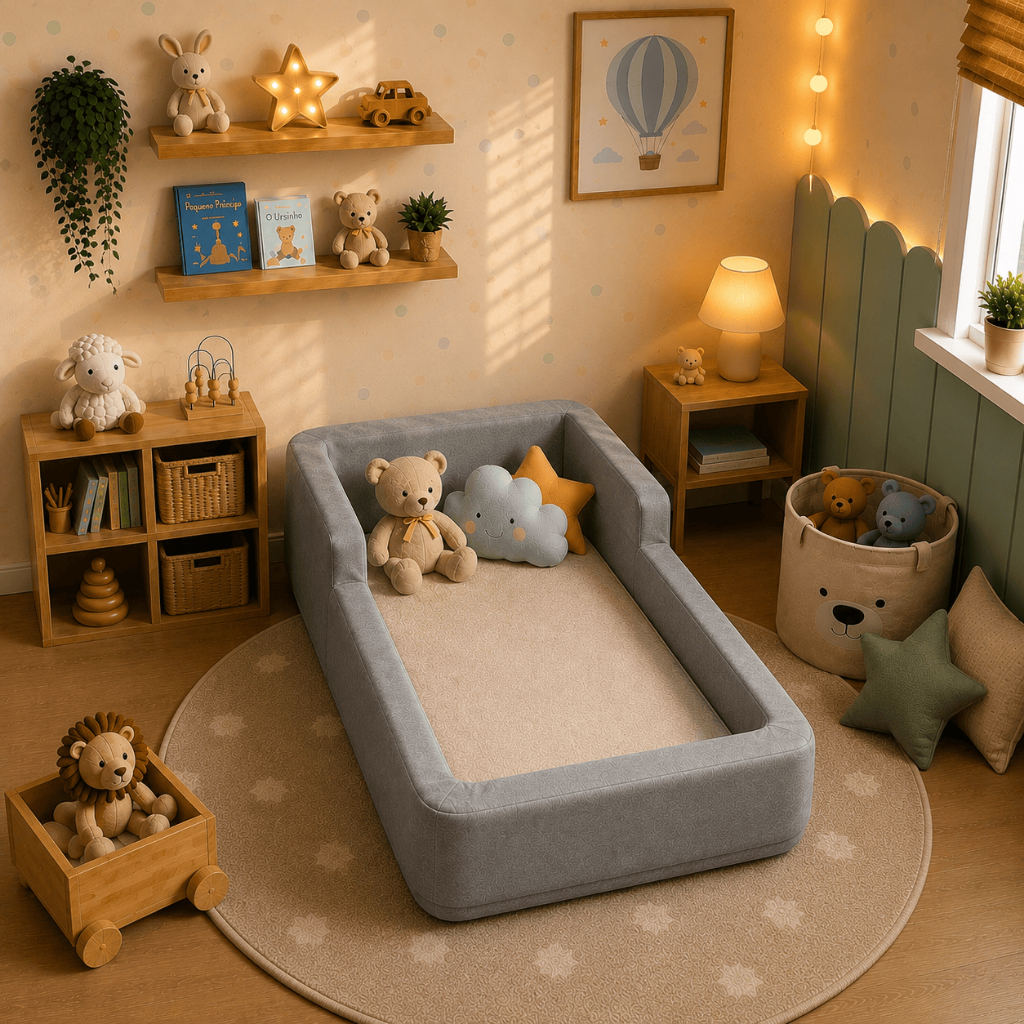 Berço Cama Infantil com Proteção nas Laterais e Acabamento Estofado Premium Suede Montessori 100% Espuma