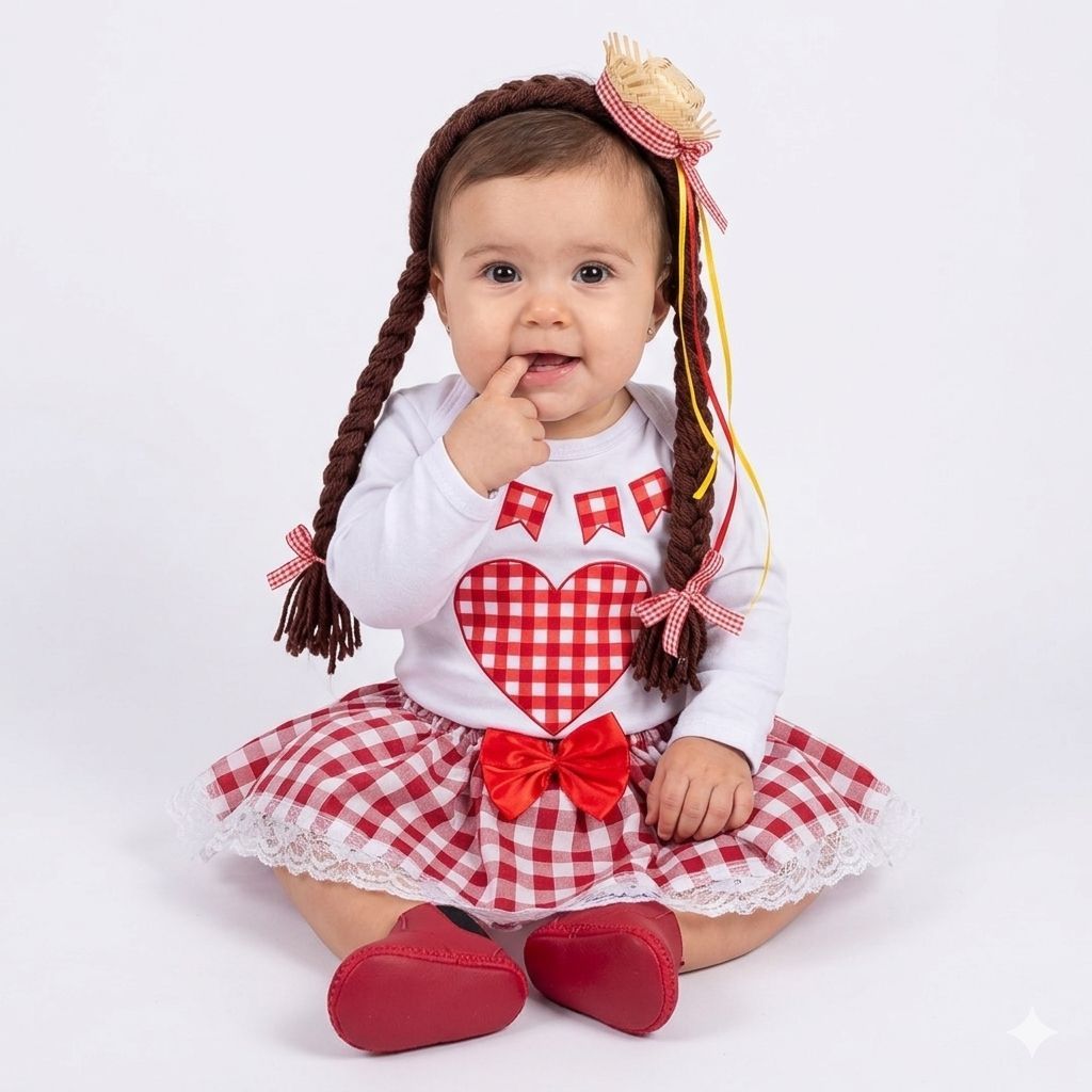 Body Bebe Menina-  Festa Junina Longa  LUXO + Laço + Saia Tutu - Temático