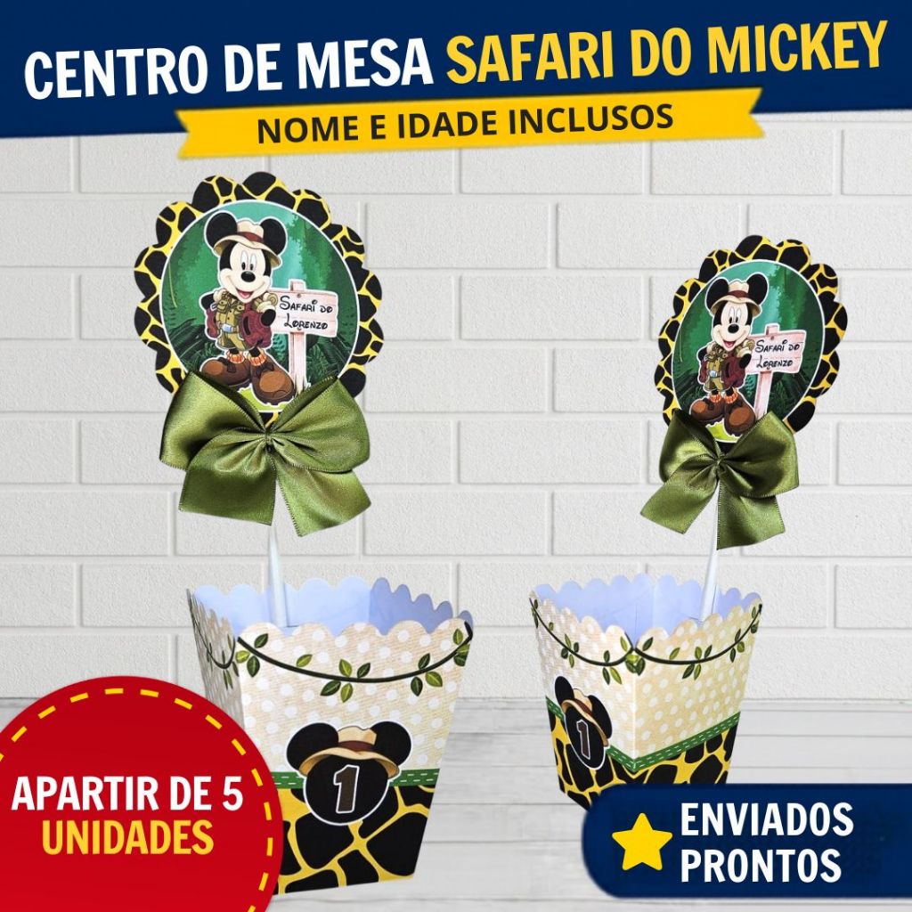 Kit Centro de Mesa Safari do Mickey Personalizado | Enfeite de Mesa Cachepo | Lembrancinha Festa