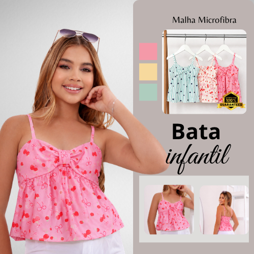 Blusa Cropped Bata Infantil Menina Estampada e Lisa Básica e Estilosa de Alcinha sem Manga pro Verão