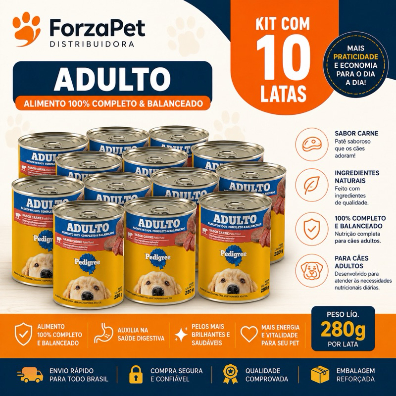 Pedigree Adulto Patê Carne ou frango 280g Kit com 10 Latas | Alimento Úmido para Cachorros