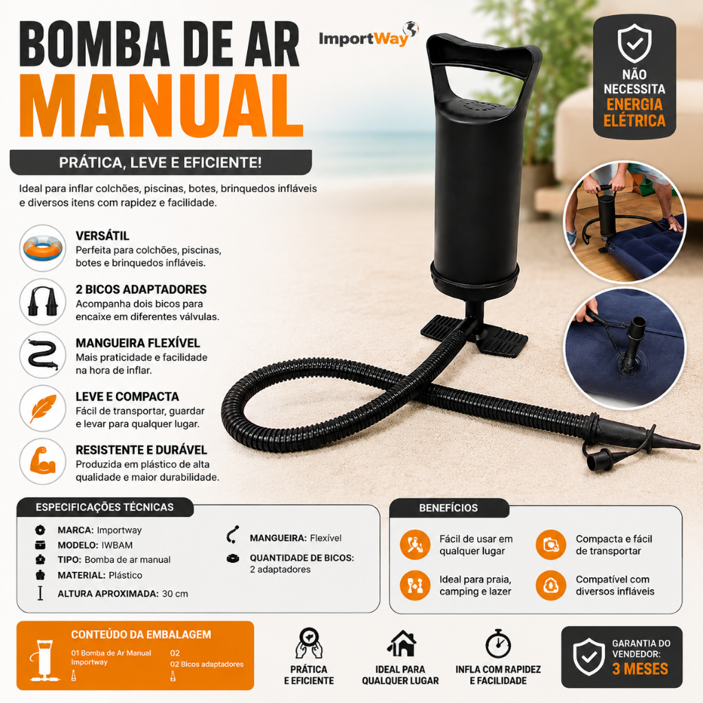 Inflador Manual Bomba de Ar 30cm Colchão Inflável Piscina
