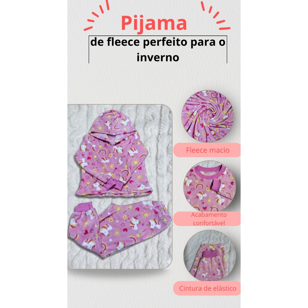 Conjunto Pijama Infantil Estampado Fleece Peluciado Quentinho Menina Inverno Confortável