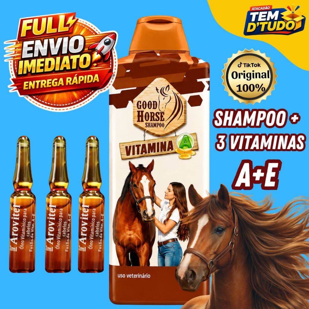 Kit Shampoo Good Horse + 3 Vitamina A+E Arovitel Original Shampoo de Cavalo