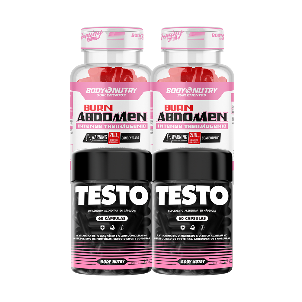 Kit 2x Testo Feminy Vitalidade 60 Cáps + 2x Cafeina Burn Abdomen Feminy Treino 60 Cáps - Body Nutry