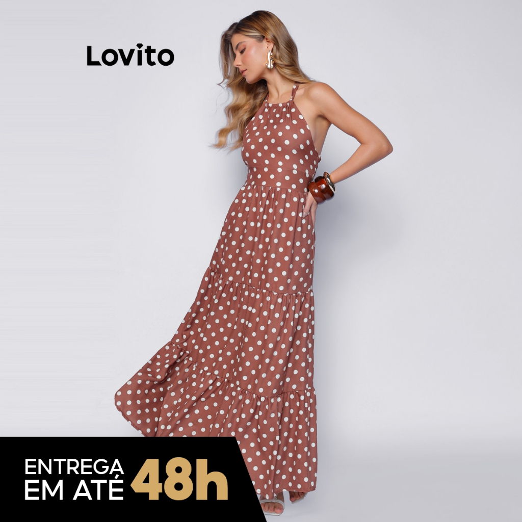 Lovito Vestido Longo Poa Moda Bolinhas Elegante de Poá Feminino Moda BRDRB1334BR
