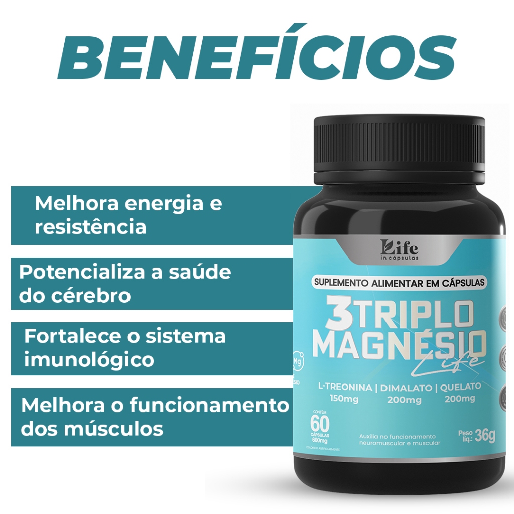 Triplo Magnésio - 60 caps - Quelato Dimalato L-Treonato | Muscular Concentração. Envio Rápido