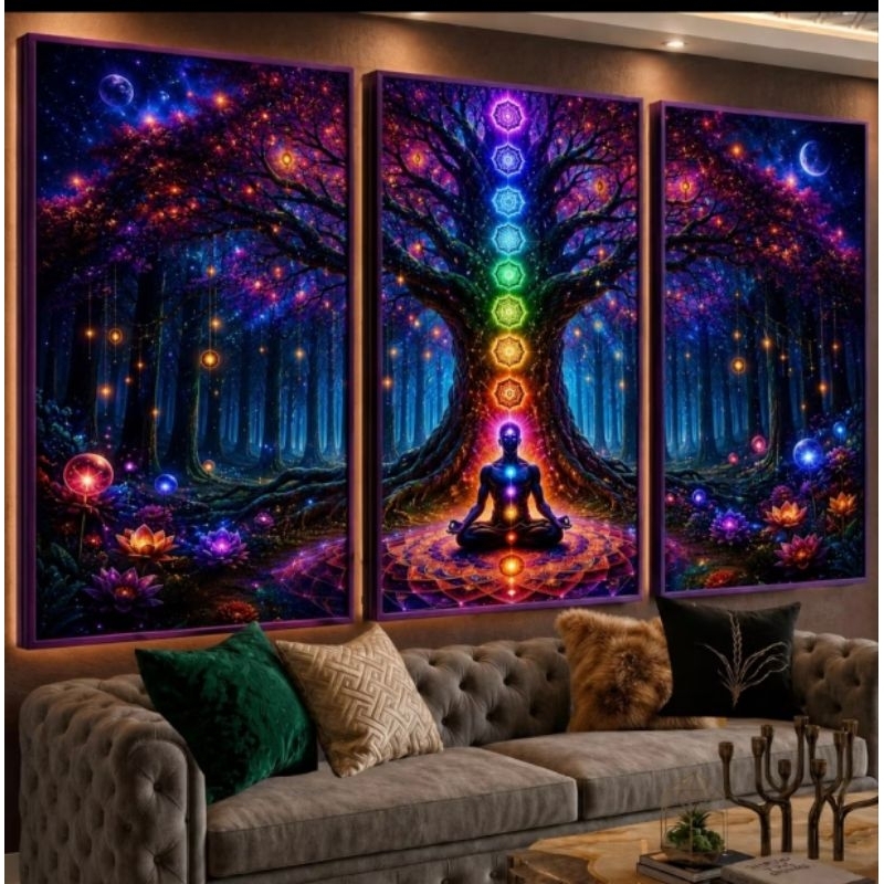 Imagem Quadro Decorativo 3 Peças Árvore Da Vida Meditação E 7 Chakras  Iluminadas Na Floresta Arte Zen Espiritual