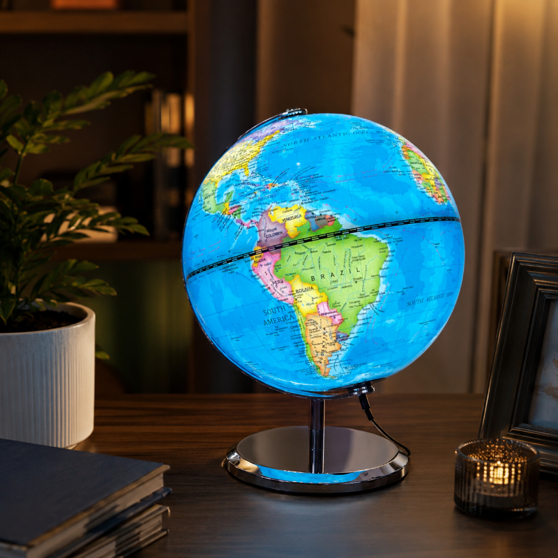 Globo Terrestre Político Vintage Iluminado com LED 25cm Mapa Mundi Giratório Base em Metal Decoração
