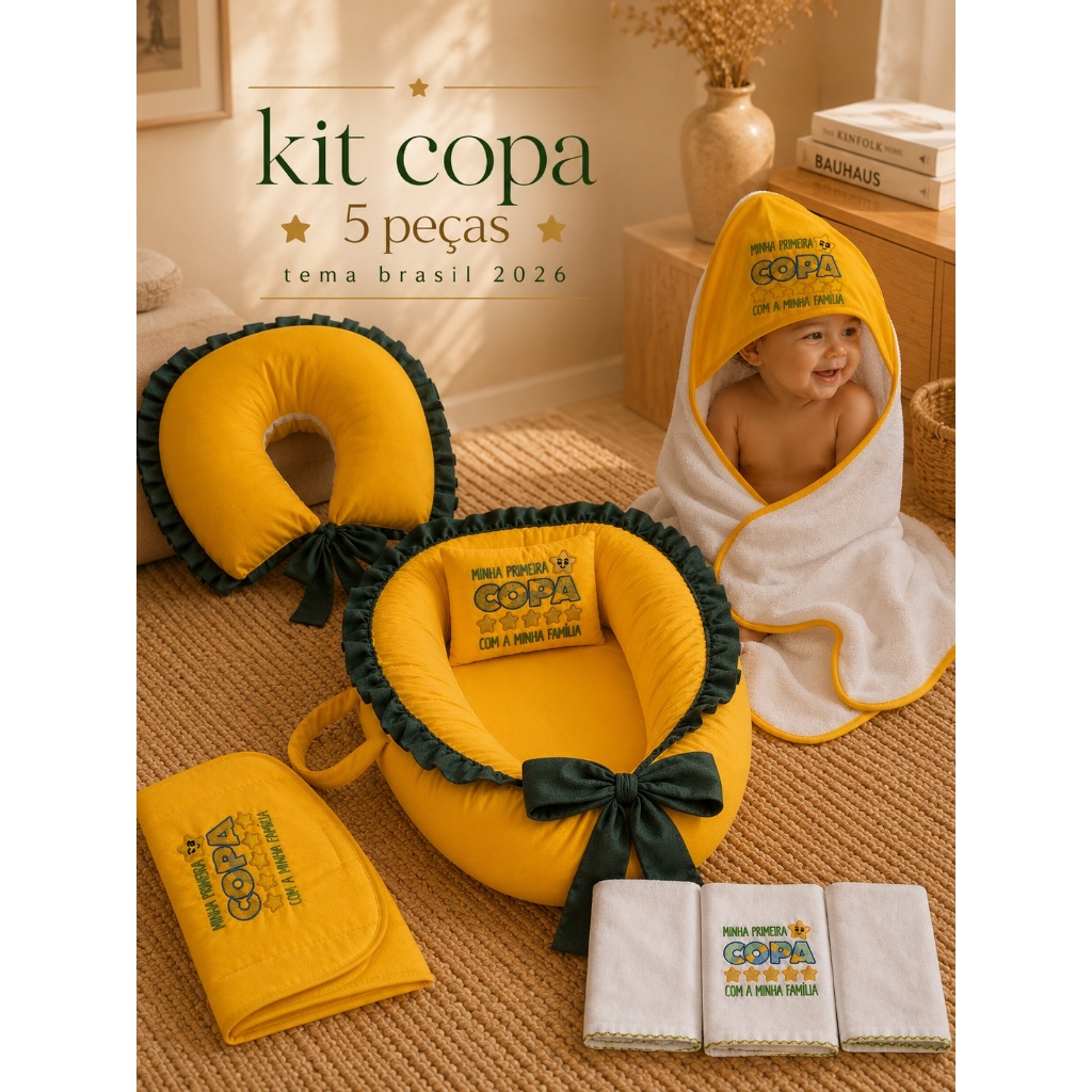 Kit Maternidade Bebê Ninho Almofada Trocador Manta Fralda Minha Primeira Copa Brasil 2026