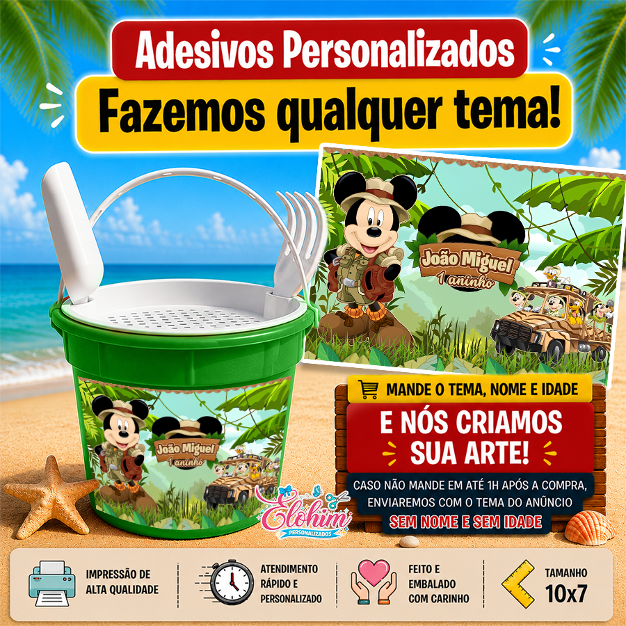 Rótulo Adesivo para personalizar Balde Praia (FAZEMOS QUALQUER TEMA) Mickey Safari
