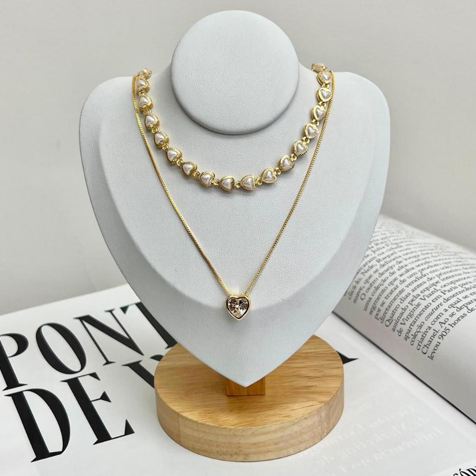 Kit Choker Pérolas Coração + Colar Coração Ponto de Luz Banhado a Ouro 18k