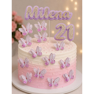 Topo de Bolo Borboletas Rosa Personalizado com Nome e Idade | Decoração para Aniversário