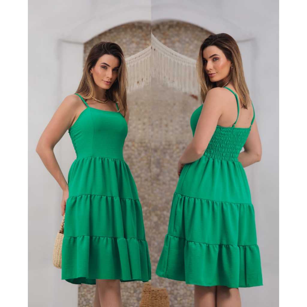 Vestido Feminino Midi Duna Alcinha Rodado Soltinho Casual Elegante Moda Verão Forrado