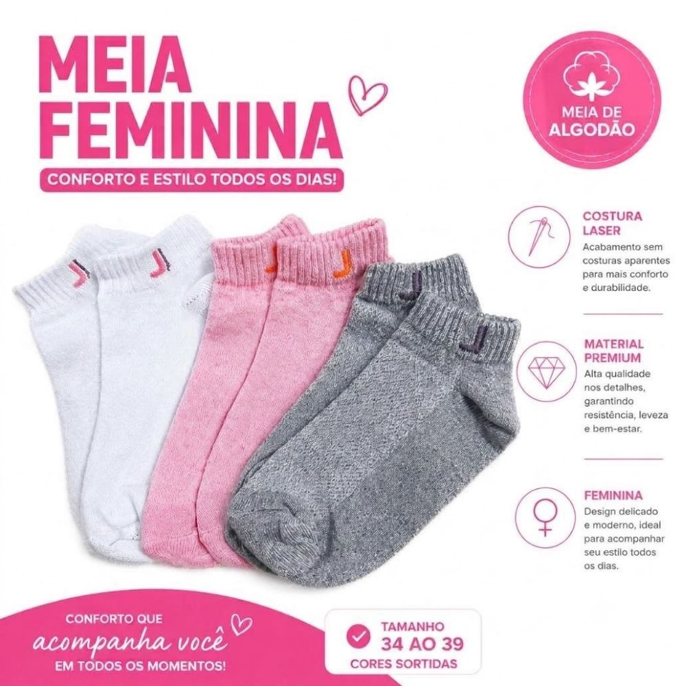 Kit 6 Pares Meias Cano Curto Algodão Feminina Academia
