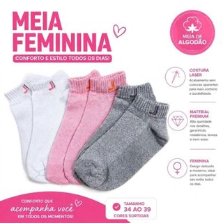 Kit 6 Pares Meias Cano Curto Algodão Feminina Academia
