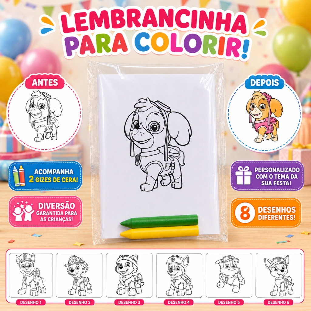 Kit Lembrancinhas de Colorir Personalizadas Skye, Tema à Escolha – Festa Infantil, Lembrancinha Aniversário