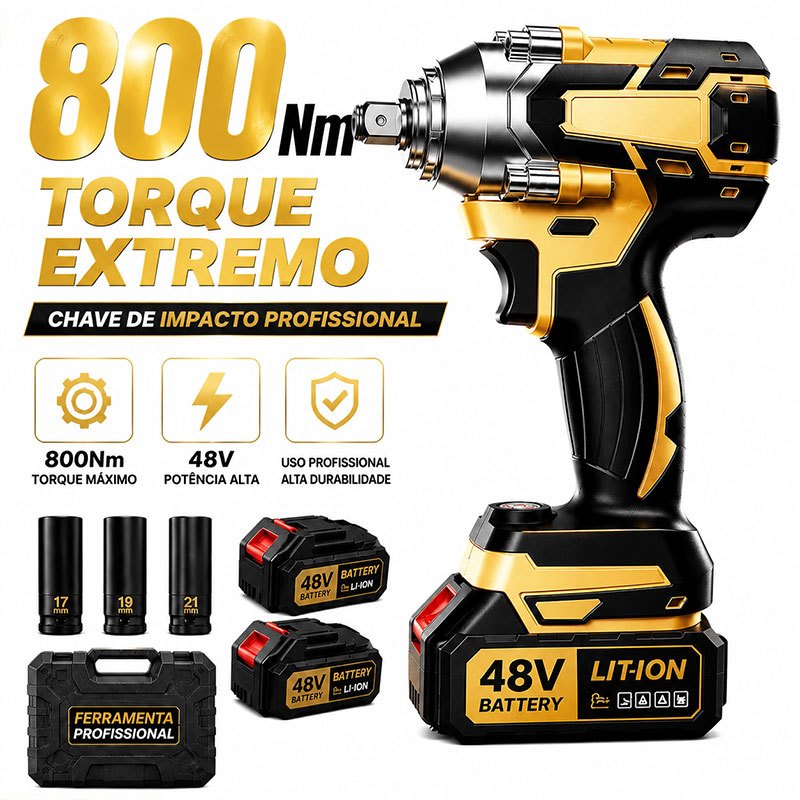 Chave de Impacto 2 Bateria 800Nm Profissional Sem Fio Automotiva Pistola de Impacto com Soquetes Alta Torque para Carros