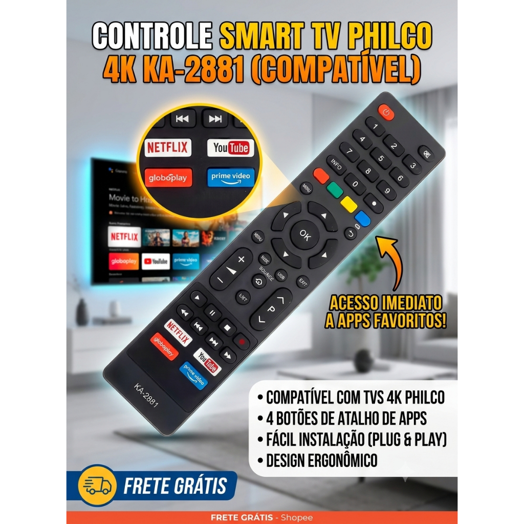 Controle Remoto Smart TV Philco 4K Compatível KA-2881 Netflix YouTube Prime Video Globoplay