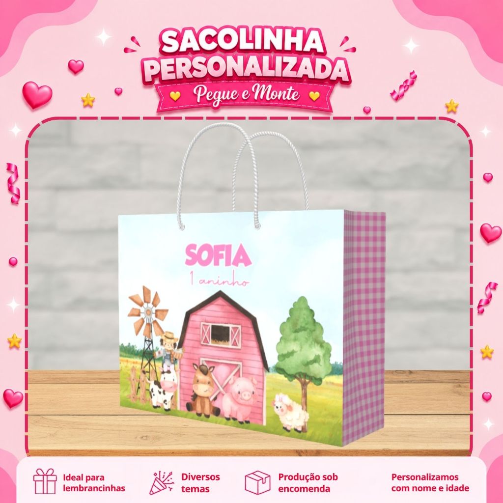 Sacolinha personalizada fazendinha pegue e monte lembrancinha aniversario sacolinha surpresa