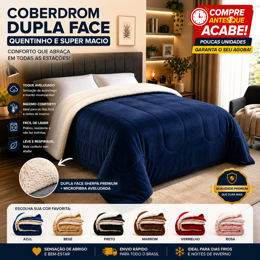 Coberdrom Dupla Face Casal Queen Manta Sherpa 2,40 x 2,20m Cobertor Super Quente Ideal Para Inverno