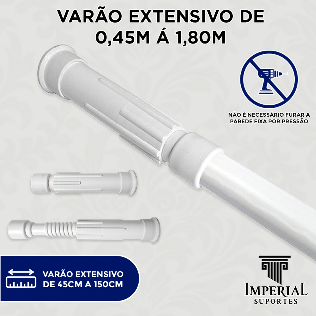 Varao Extensivo de 45cm a 1,50m Sem Furo Ajustável Extensível Cortina Box Banheiro Suporte Branco