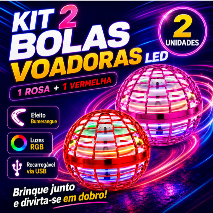 Kit 2 Bolas Voadoras LED RGB Recarregáveis USB-C Brinquedo Infantil Interativo Efeito Boomerang