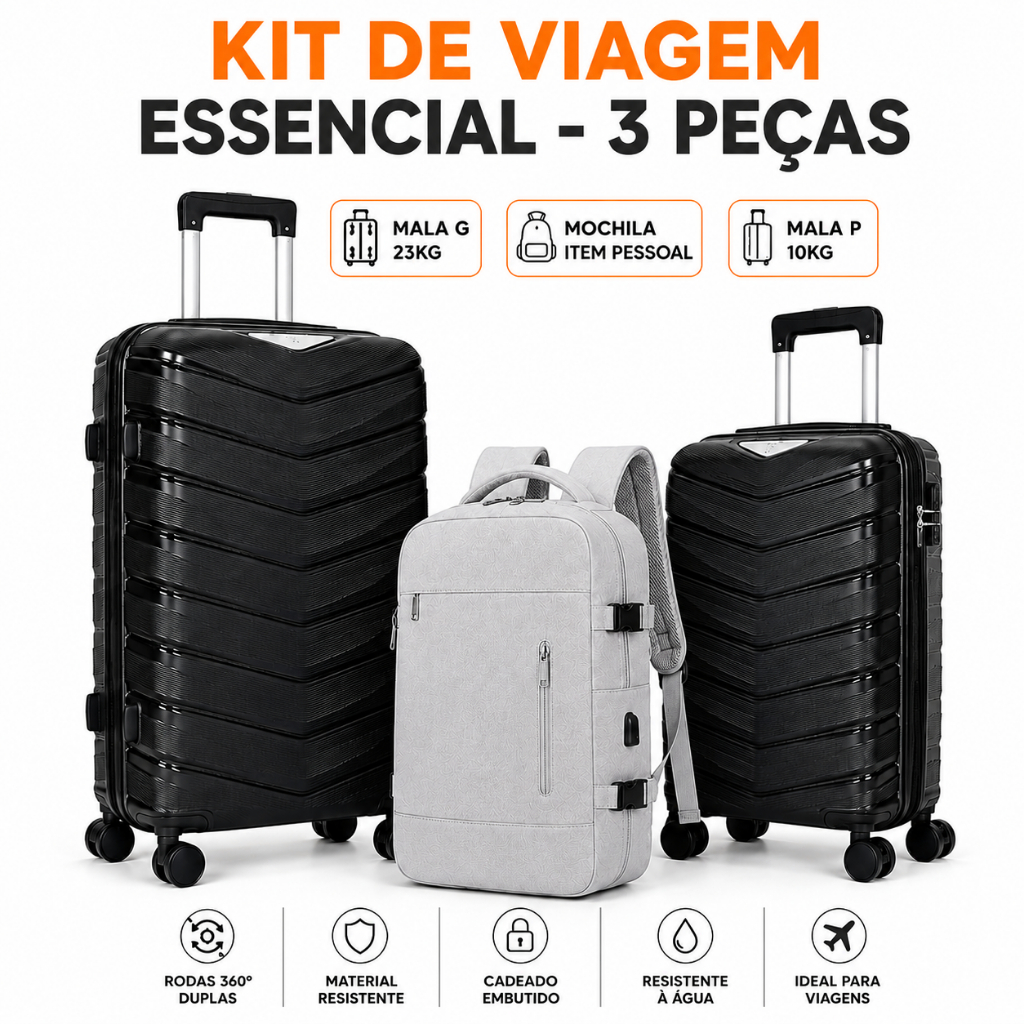 Kit Mala Viagem Despacho 23kg e Bordo 10kg Rodinhas Giratorias e  Mochila Expansível Bordo Casual