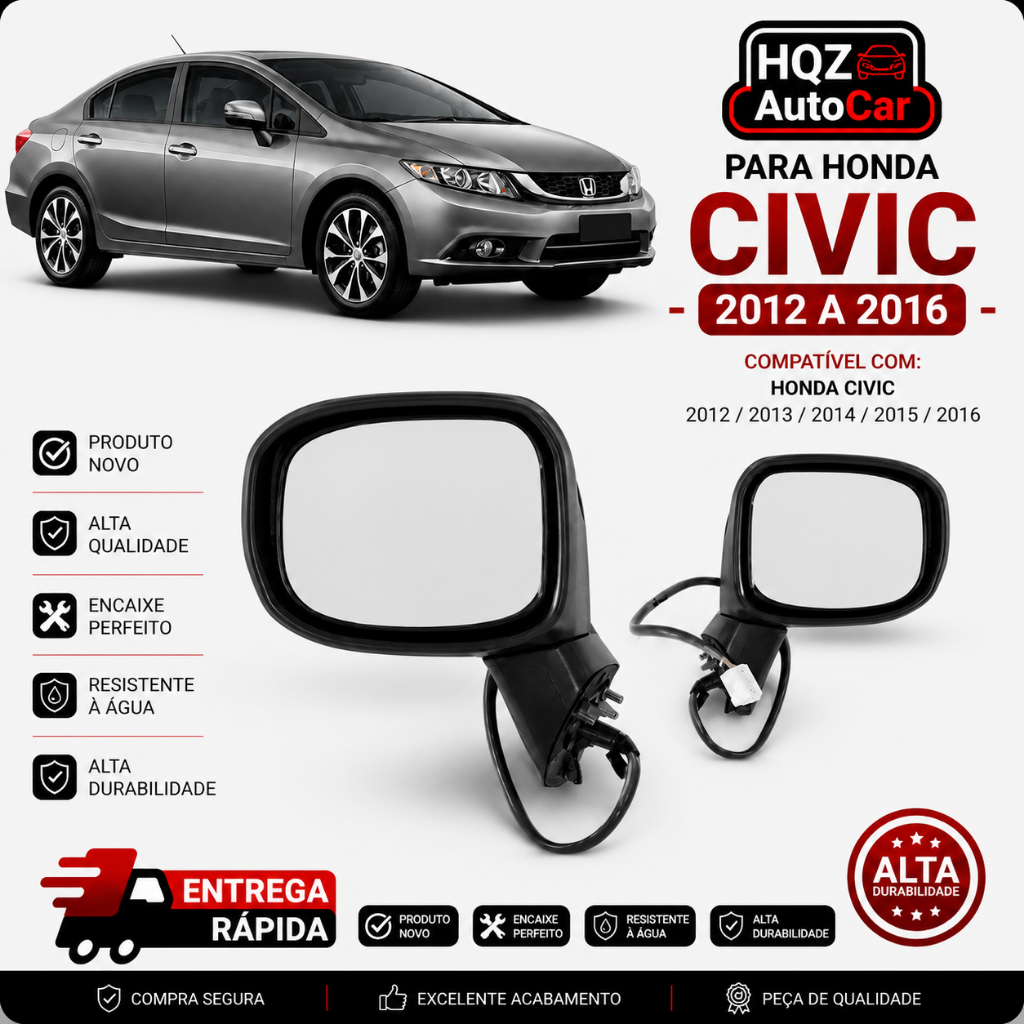 Retrovisor Civic 2012 a 2016 Elétrico com Pisca (5 Fios)