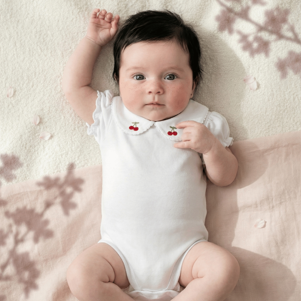 Detalhes do Body Infantil Bebê Menina Gola Bordada Cereja Manga Curta Algodão